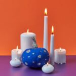 Tapering - Blue and Silver Mini Pumpkin and White Burning Candles