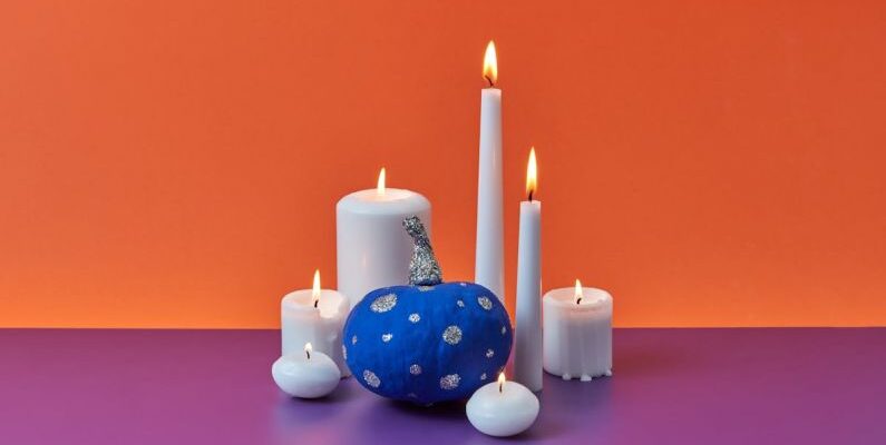 Tapering - Blue and Silver Mini Pumpkin and White Burning Candles