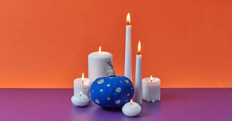 Tapering - Blue and Silver Mini Pumpkin and White Burning Candles