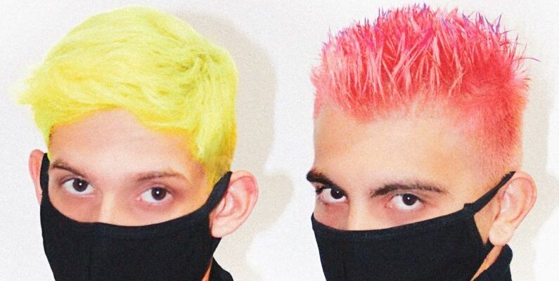 Breath Control - Unrecognizable men with colorful stylish haircuts in medical masks