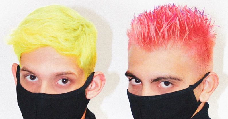 Breath Control - Unrecognizable men with colorful stylish haircuts in medical masks